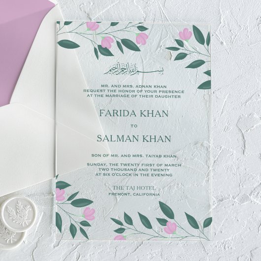 Pink and Teal Green Branch Islamic Muslim Wedding Acryl Uitnodigingen