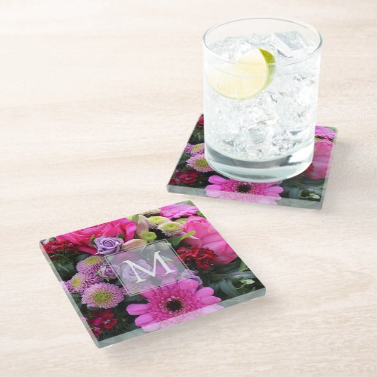 Pink and Violet Flowers Personalised Monogram Glazen Onderzetter (Schuin)