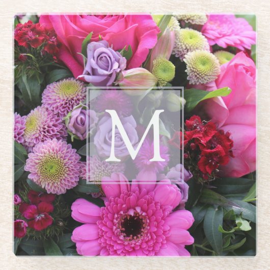 Pink and Violet Flowers Personalised Monogram Glazen Onderzetter (Voorkant)