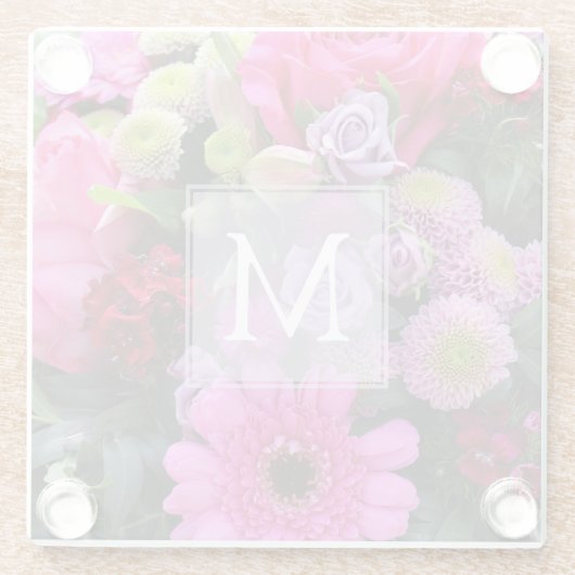 Pink and Violet Flowers Personalised Monogram Glazen Onderzetter (Achterkant)