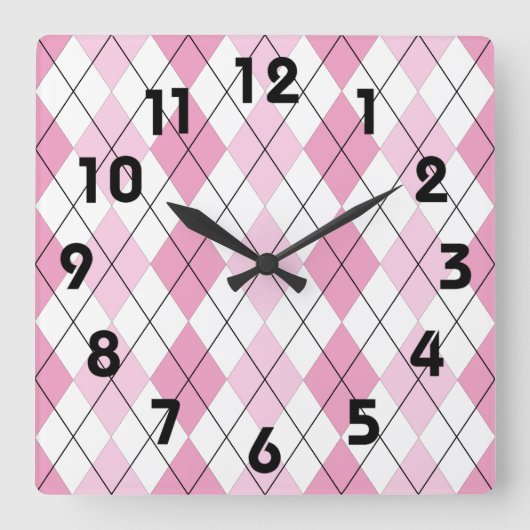 Pink and White Argyle Wall Clock Vierkante Klok (Voorkant)