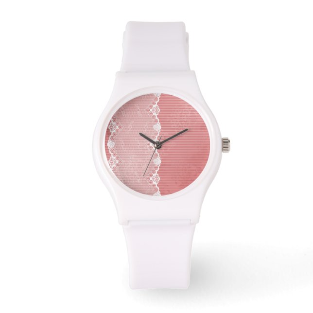 Pink and white background with black lace horloge (Voorkant)