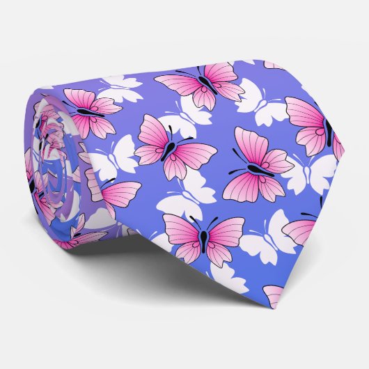 Pink and White Butterfly Pattern Neck Tie Stropdas (Opgerold)