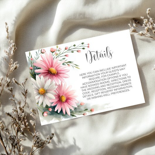 Pink and White Daisies Wedding Details Informatiekaartje