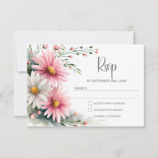 Pink and White Daisies Wedding RSVP Kaartje (Voorkant)