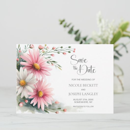 Pink and White Daisies Wedding Save the Date (Staand voorkant)