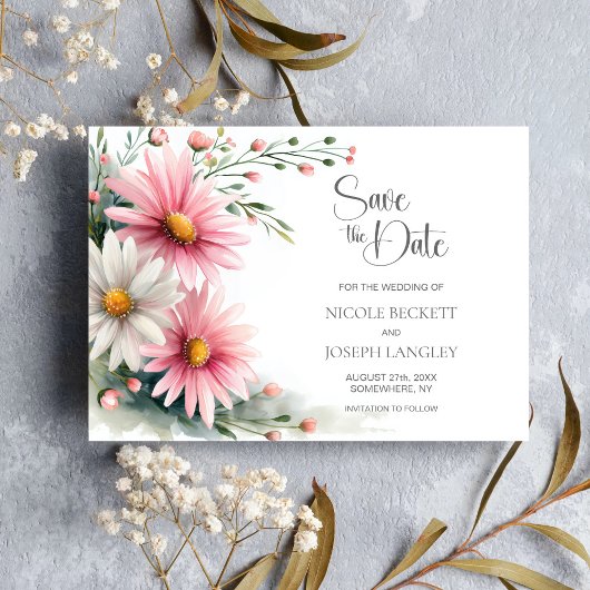Pink and White Daisies Wedding Save the Date