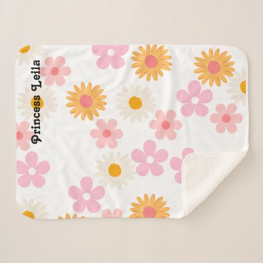 Pink and White Daisy Floral Special Baby name Sherpa Deken (Voorkant (horizontaal))