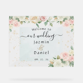 Pink And White Dusky Blooms Wedding Sign Acryl Bord