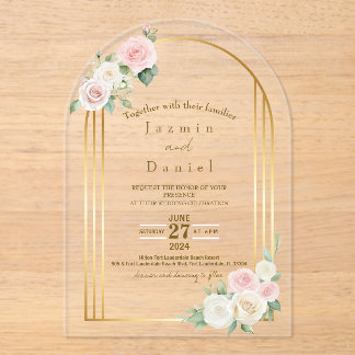 Pink And White Dusky Rose Blooms Gold Wedding  Acryl Uitnodigingen