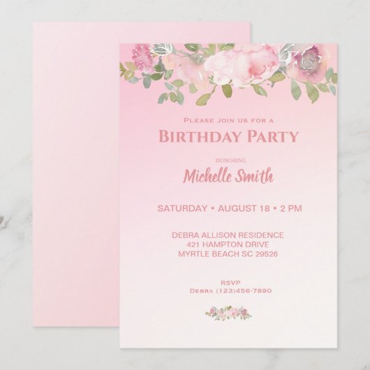 Pink and White Floral Birthday Party Kaart (Voorkant / Achterkant)