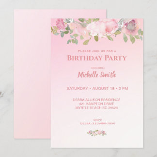 Pink and White Floral Birthday Party Kaart