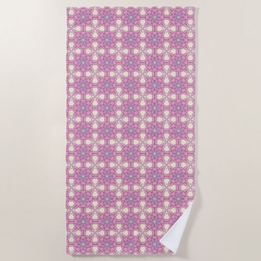 Pink and white geometric mandala patterned strandlaken (Voorkant)