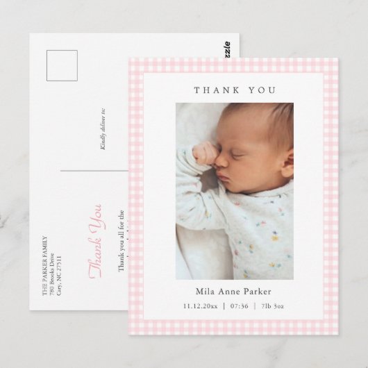 Pink and white Gingham Girl Birth Announcement Briefkaart (Voorkant / Achterkant)