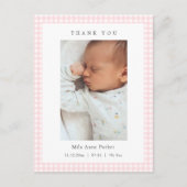 Pink and white Gingham Girl Birth Announcement Briefkaart (Voorkant)