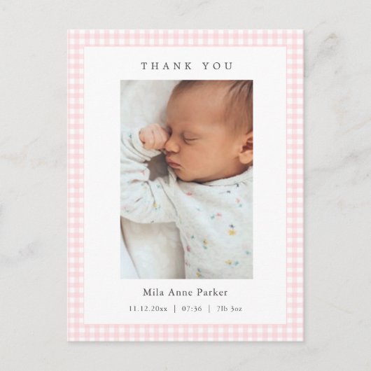 Pink and white Gingham Girl Birth Announcement Briefkaart (Voorkant)
