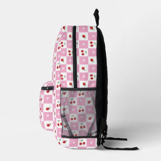 Pink and White Gingham Pattern Cherry Backpack Bedrukte Rugzak (Rechts)