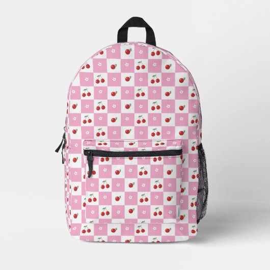 Pink and White Gingham Pattern Cherry Backpack Bedrukte Rugzak (Voorkant)