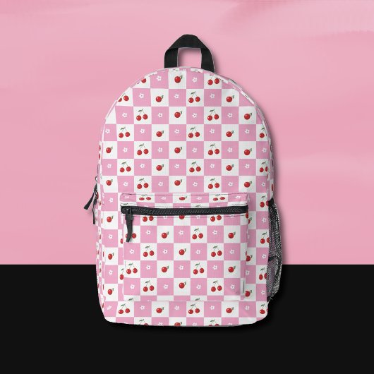 Pink and White Gingham Pattern Cherry Backpack Bedrukte Rugzak
