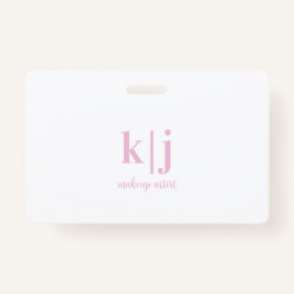 Pink and White Monogram QR Code Makeup Artist ID Badge