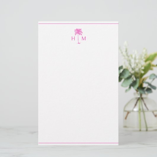 Pink and White Palm Palmetto Tree Monogram Briefpapier (Staand voorkant)