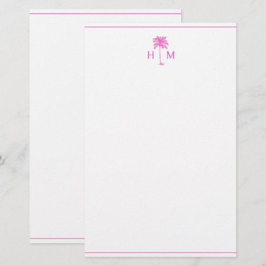 Pink and White Palm Palmetto Tree Monogram Briefpapier (Voorkant / Achterkant)