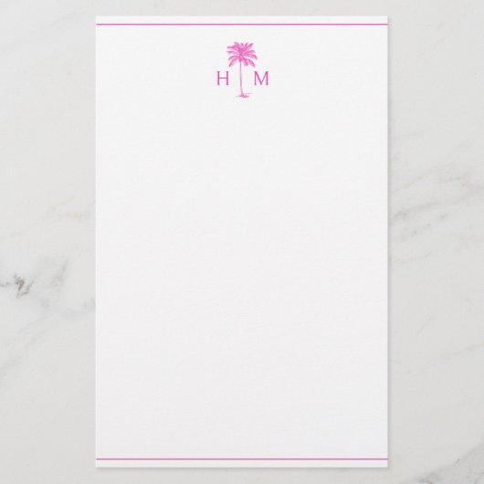 Pink and White Palm Palmetto Tree Monogram Briefpapier (Voorkant)