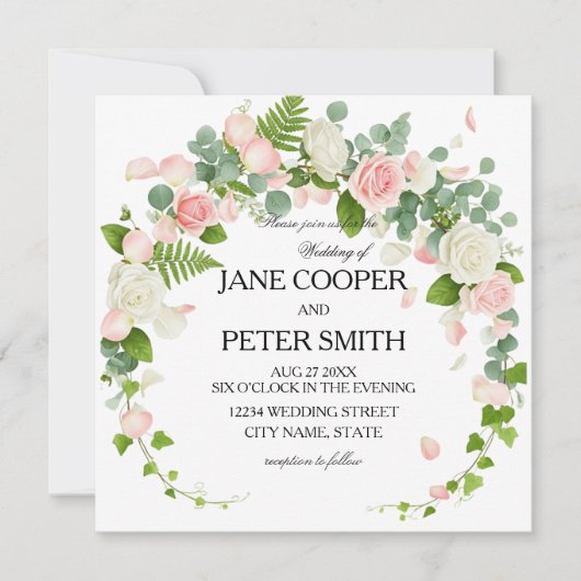 Pink and white roses Budget Wedding Invitation Kaart (Voorkant)