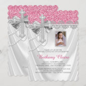 Pink and White Satin Glitter First Communion Kaart (Voorkant / Achterkant)