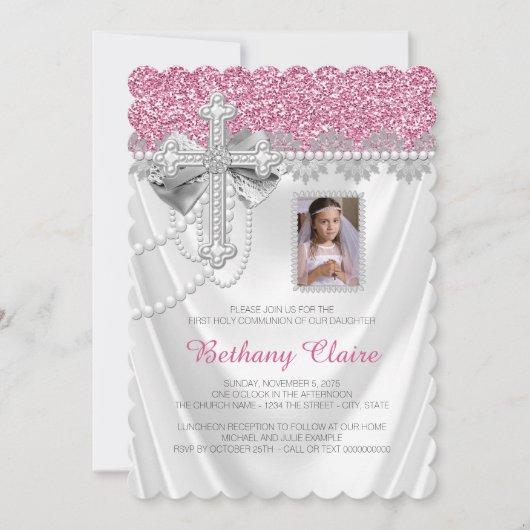 Pink and White Satin Glitter First Communion Kaart (Voorkant)