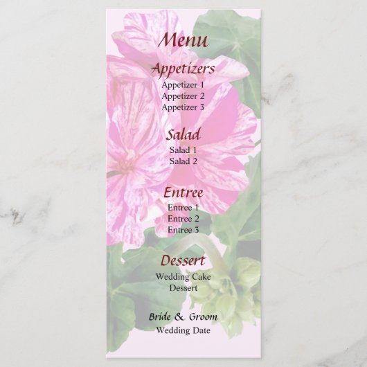 Pink and White Striped Geraniums Weduwmenu Menu (Voorkant)