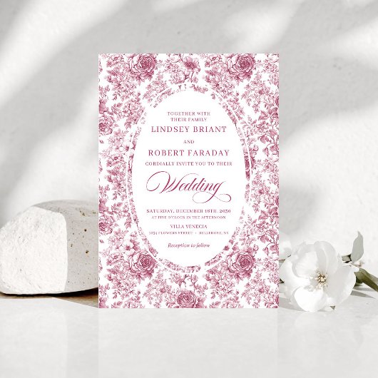 Pink and White Toile Roses Wedding Invitation Kaart