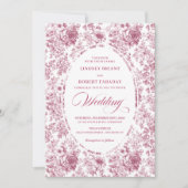 Pink and White Toile Roses Wedding Invitation Kaart (Voorkant)