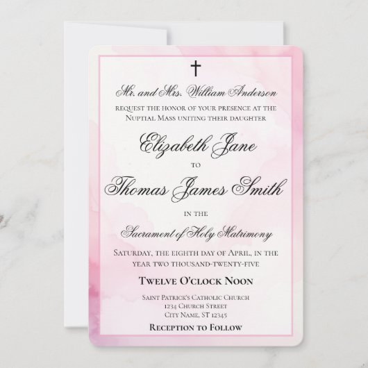 Pink and White Watercolor Catholic Wedding Kaart (Voorkant)