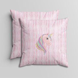 Pink and White Watercolor Stripes with Unicorn  Kussen