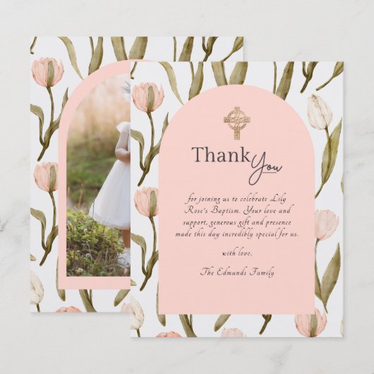 Pink and White Watercolor Tulips Baptism  Bedankkaart (Voorkant / Achterkant)