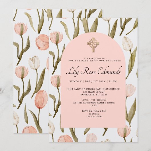 Pink and White Watercolor Tulips Baptism Invitatio Kaart (Voorkant / Achterkant)