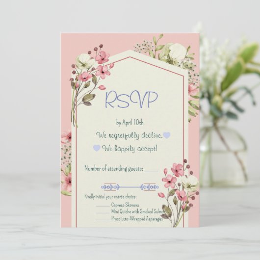 Pink And White Wildflowers Geometric RSVP Card Kaart (Staand voorkant)