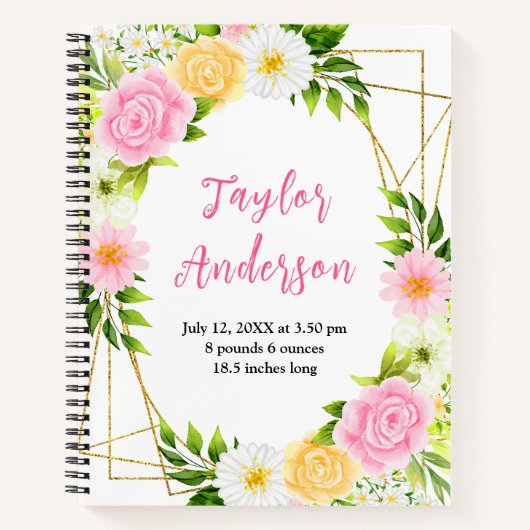 Pink and Yellow Floral Baby Birth Stats Notitieboek (Voorkant)