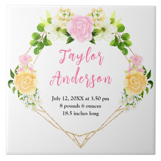 Pink and Yellow Floral Baby Birth Stats Tegeltje (Voorkant)