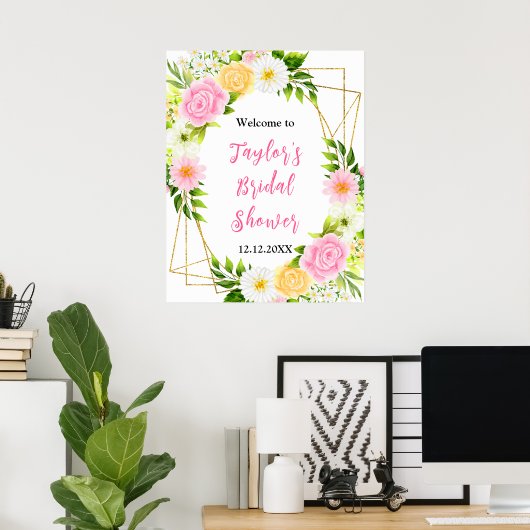 Pink and Yellow Floral Bridal Shower Welcome Sign Poster (Thuiskantoor)