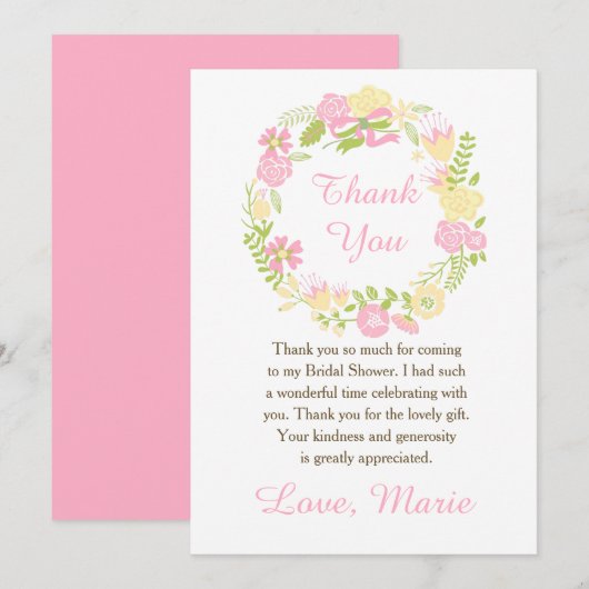 Pink and Yellow Floral Wreath Bridal Shower Bedankkaart (Voorkant / Achterkant)