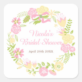 Pink and Yellow Floral Wreath Bridal Shower Vierkante Sticker