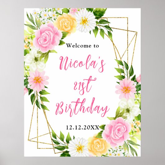 Pink and Yellow Flower Birthday Welcome Poster (Voorkant)
