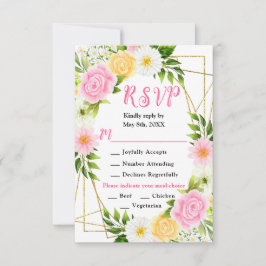 Pink and Yellow Flowers with Foliage Wedding RSVP Kaartje