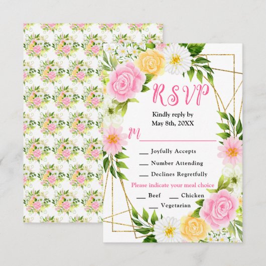 Pink and Yellow Flowers with Foliage Wedding RSVP Kaartje (Voorkant / Achterkant)