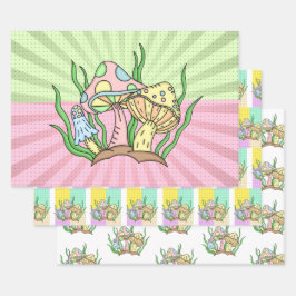 Pink and Yellow Retro Pop Art Mushroom Birthday Inpakpapier Vel