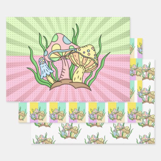 Pink and Yellow Retro Pop Art Mushroom Birthday Inpakpapier Vel (Set)