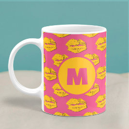 Pink and Yellow XOXO Kissing Lips Personalized Koffiemok