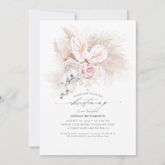 Pink Anthurium and Pampas Grass Floral Christening Kaart (Voorkant)